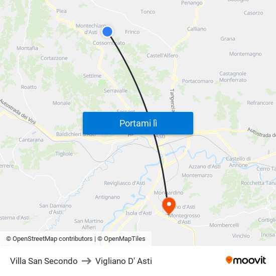 Villa San Secondo to Vigliano D' Asti map