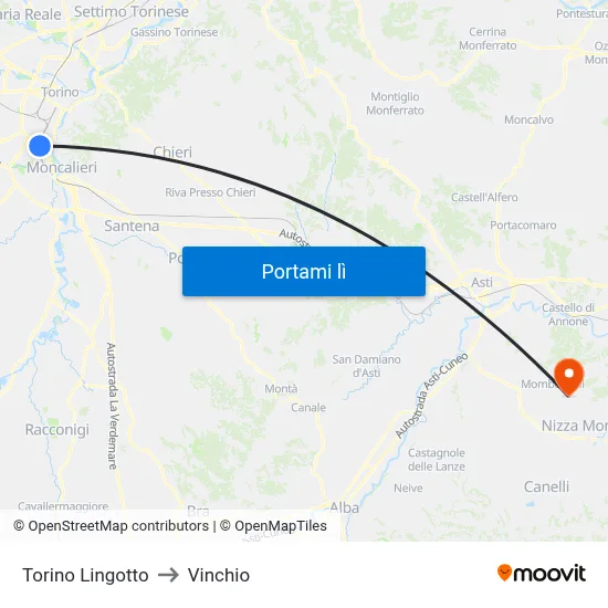 Torino Lingotto to Vinchio map