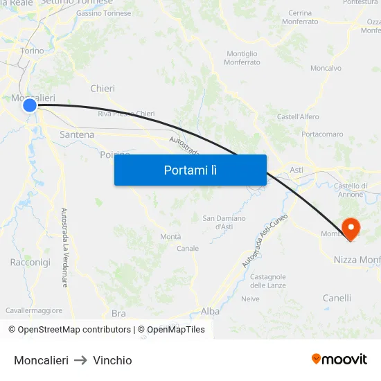 Moncalieri to Vinchio map