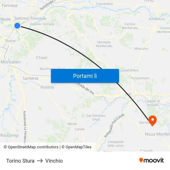 Torino Stura to Vinchio map