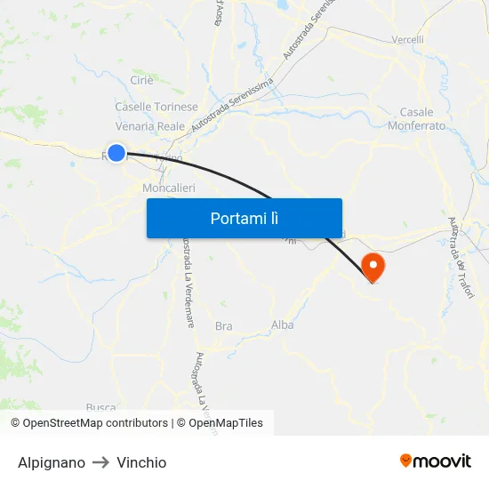 Alpignano to Vinchio map