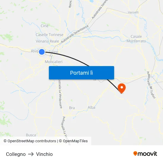Collegno to Vinchio map