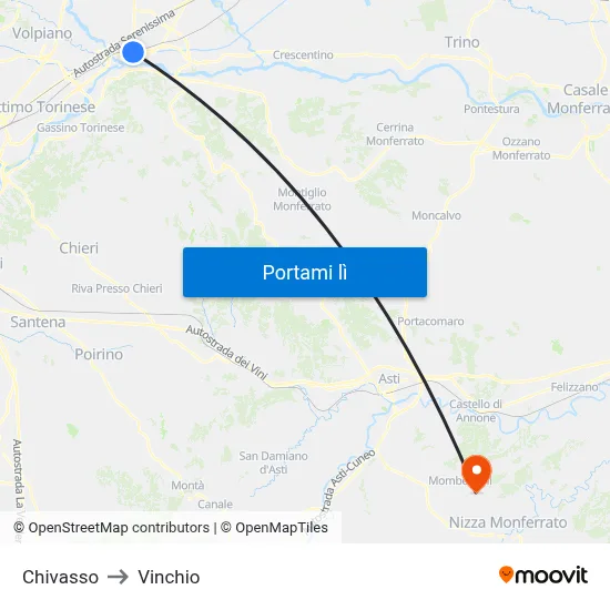 Chivasso to Vinchio map