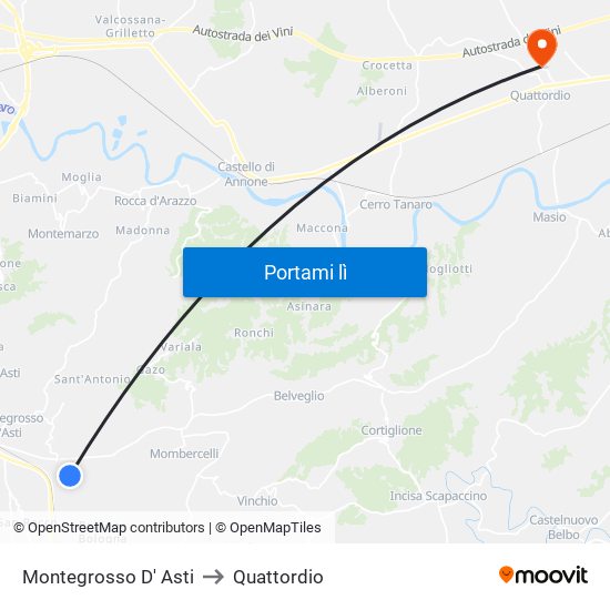 Montegrosso D' Asti to Quattordio map