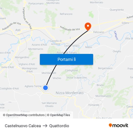 Castelnuovo Calcea to Quattordio map