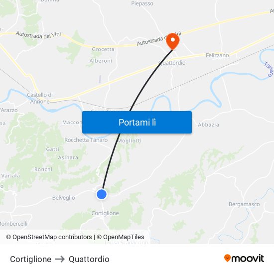 Cortiglione to Quattordio map