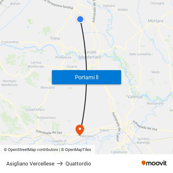 Asigliano Vercellese to Quattordio map
