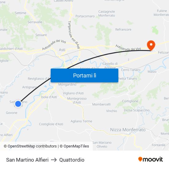 San Martino Alfieri to Quattordio map