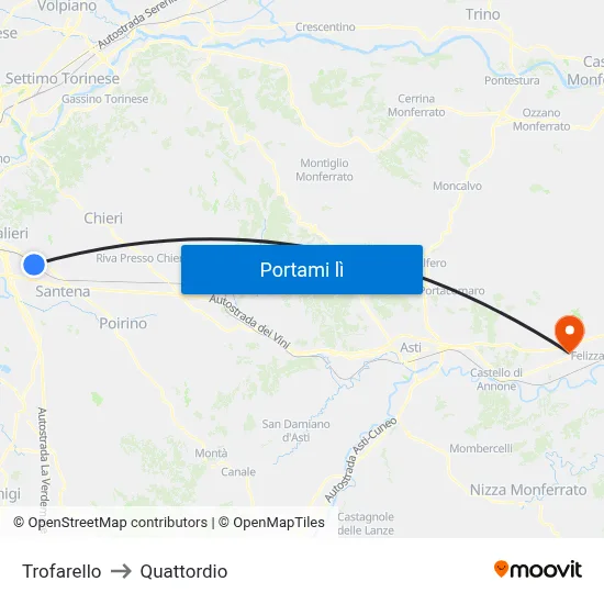 Trofarello to Quattordio map