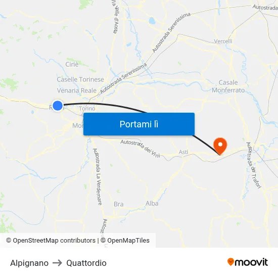 Alpignano to Quattordio map