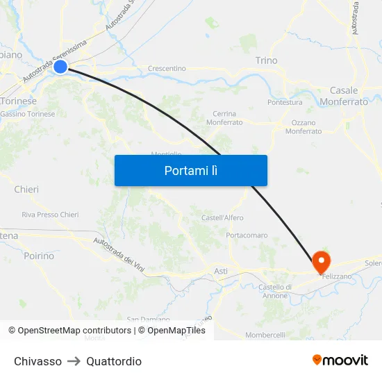 Chivasso to Quattordio map