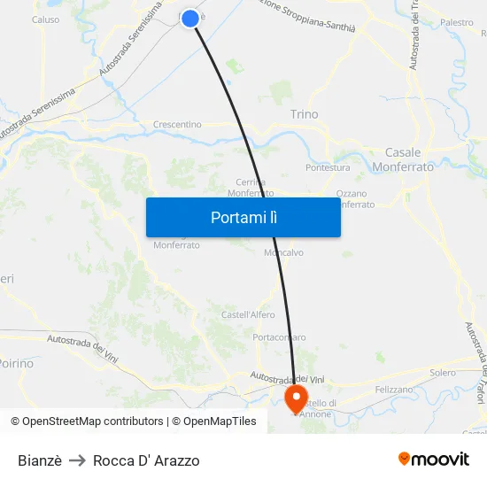 Bianzè to Rocca D' Arazzo map