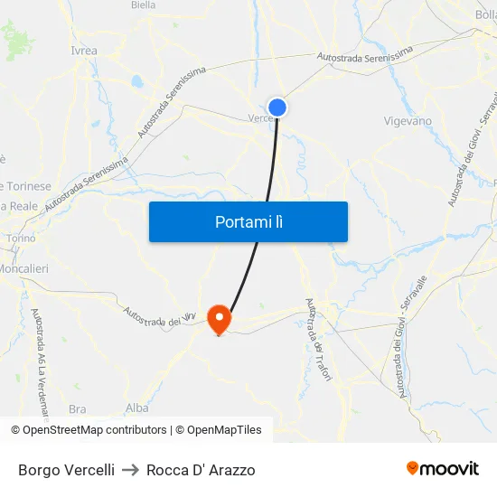 Borgo Vercelli to Rocca D' Arazzo map