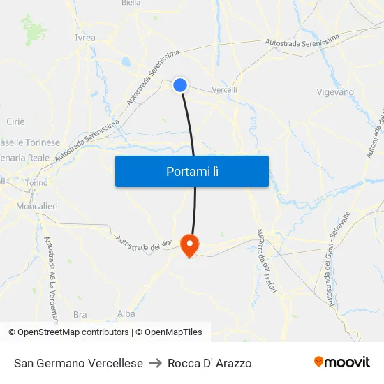 San Germano Vercellese to Rocca D' Arazzo map