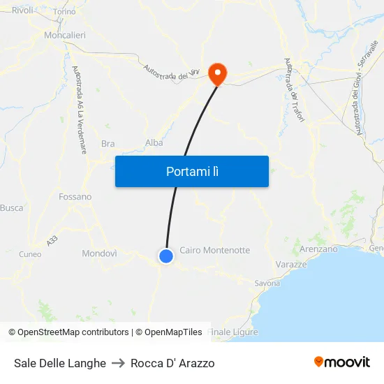 Sale Delle Langhe to Rocca D' Arazzo map