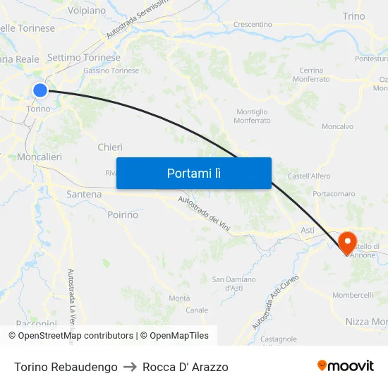 Torino Rebaudengo to Rocca D' Arazzo map