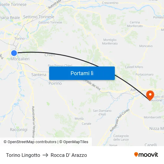 Torino Lingotto to Rocca D' Arazzo map