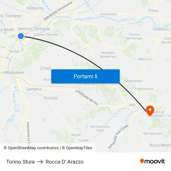Torino Stura to Rocca D' Arazzo map