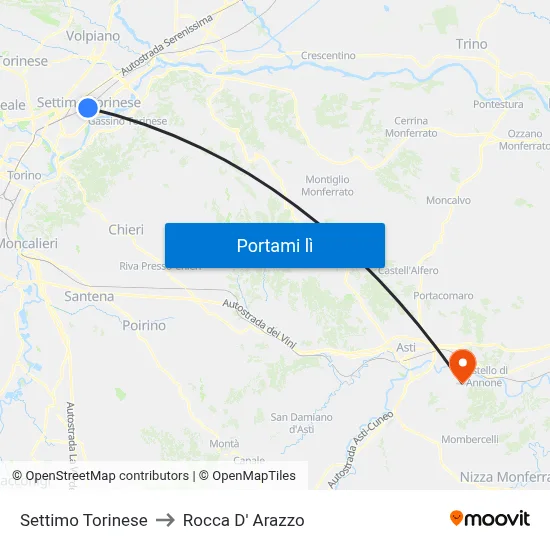 Settimo Torinese to Rocca D' Arazzo map