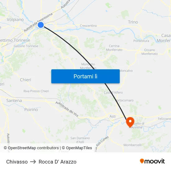 Chivasso to Rocca D' Arazzo map