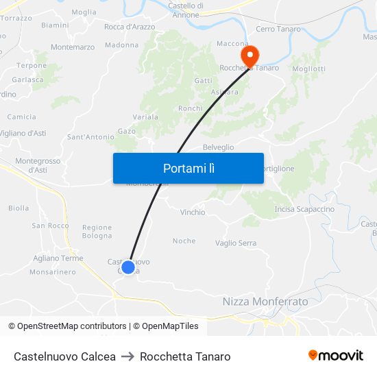 Castelnuovo Calcea to Rocchetta Tanaro map