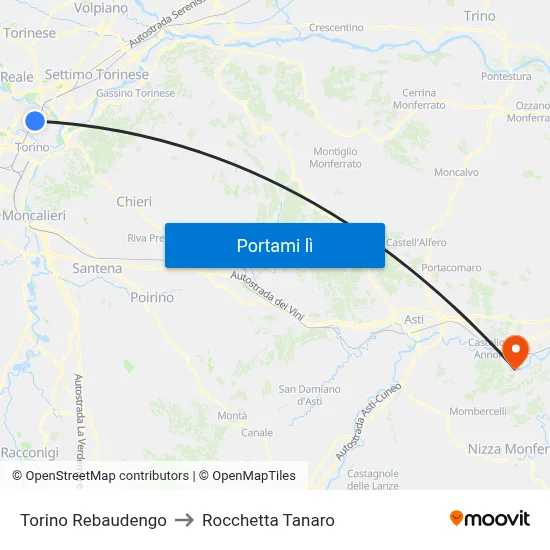 Torino Rebaudengo to Rocchetta Tanaro map