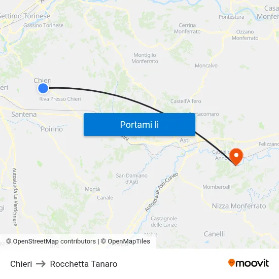 Chieri to Rocchetta Tanaro map