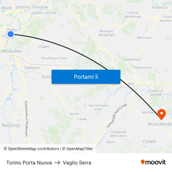 Torino Porta Nuova to Vaglio Serra map