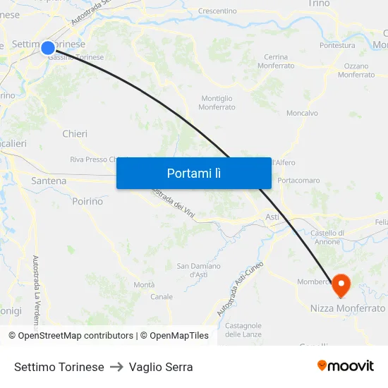 Settimo Torinese to Vaglio Serra map