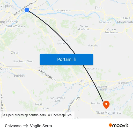 Chivasso to Vaglio Serra map