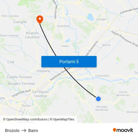 Brozolo to Bairo map