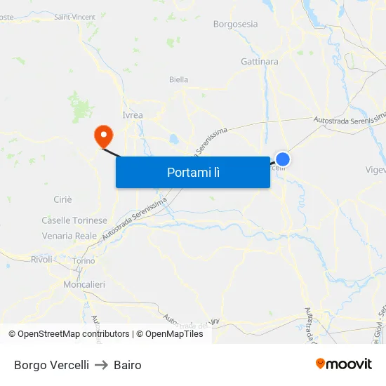 Borgo Vercelli to Bairo map