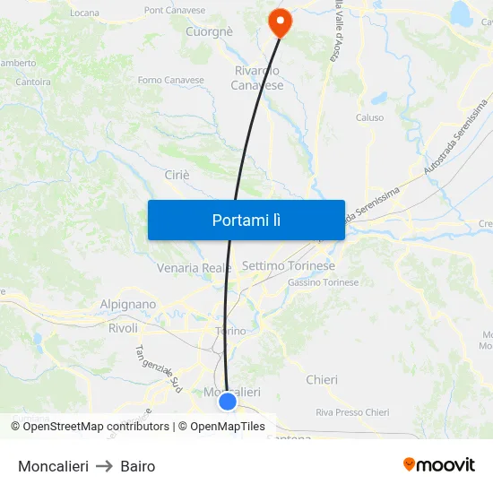Moncalieri to Bairo map