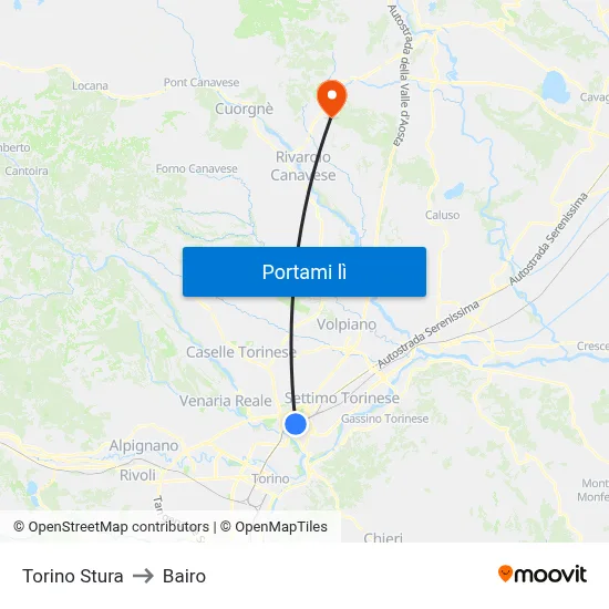 Torino Stura to Bairo map