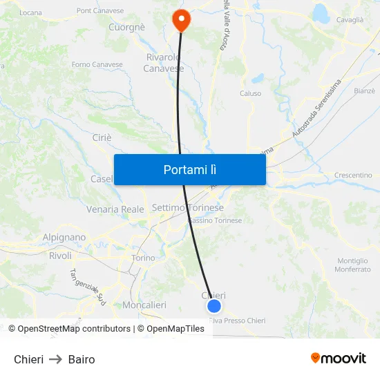 Chieri to Bairo map