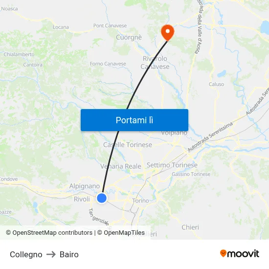 Collegno to Bairo map