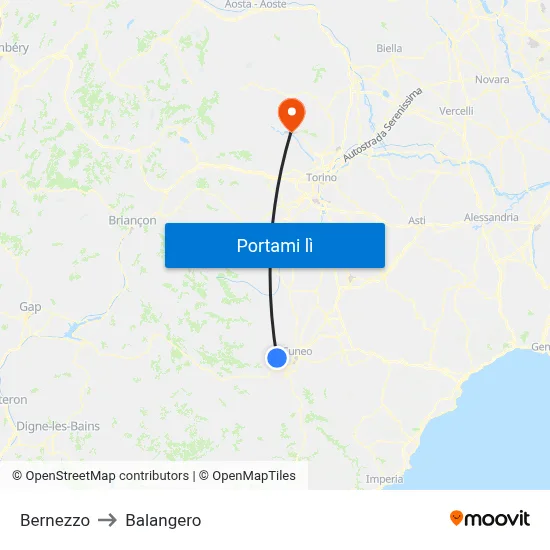 Bernezzo to Balangero map