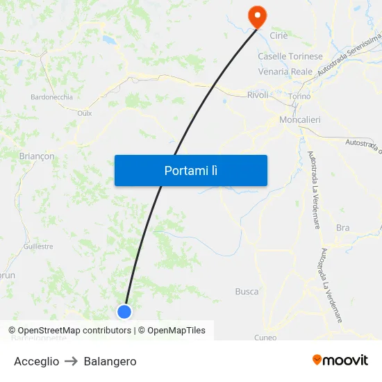 Acceglio to Balangero map