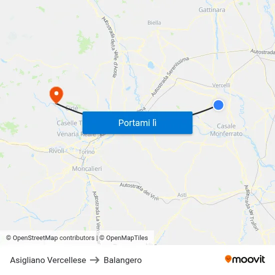Asigliano Vercellese to Balangero map