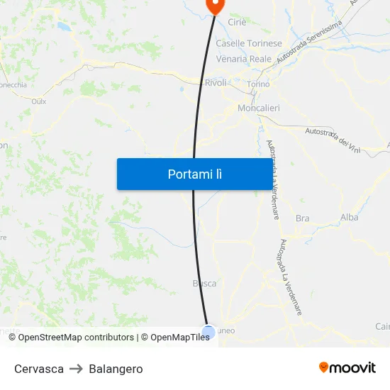 Cervasca to Balangero map