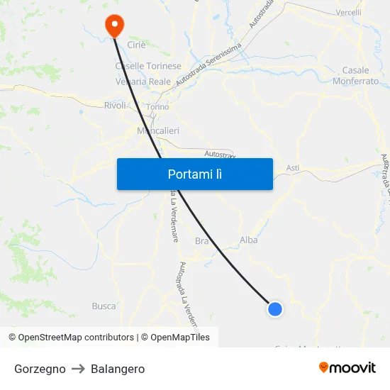 Gorzegno to Balangero map