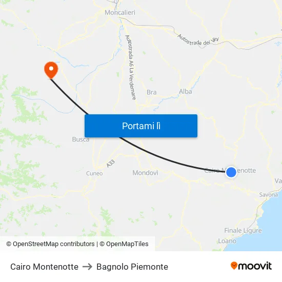 Cairo Montenotte to Bagnolo Piemonte map