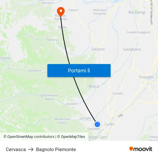 Cervasca to Bagnolo Piemonte map