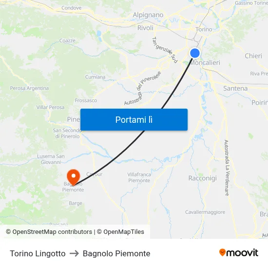 Torino Lingotto to Bagnolo Piemonte map