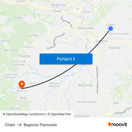 Chieri to Bagnolo Piemonte map
