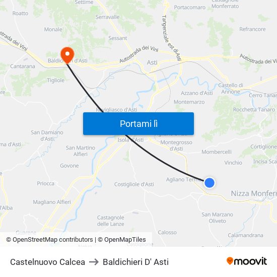 Castelnuovo Calcea to Baldichieri D' Asti map