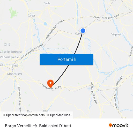 Borgo Vercelli to Baldichieri D' Asti map