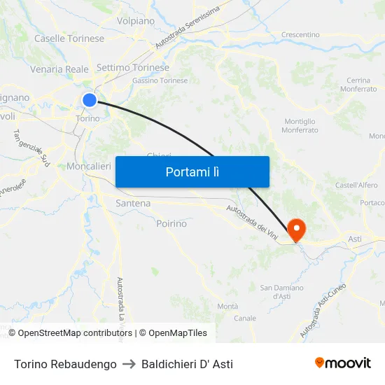 Torino Rebaudengo to Baldichieri D' Asti map