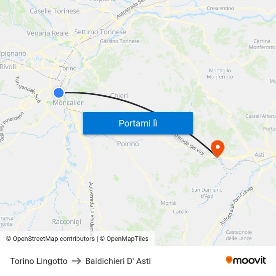 Torino Lingotto to Baldichieri D' Asti map