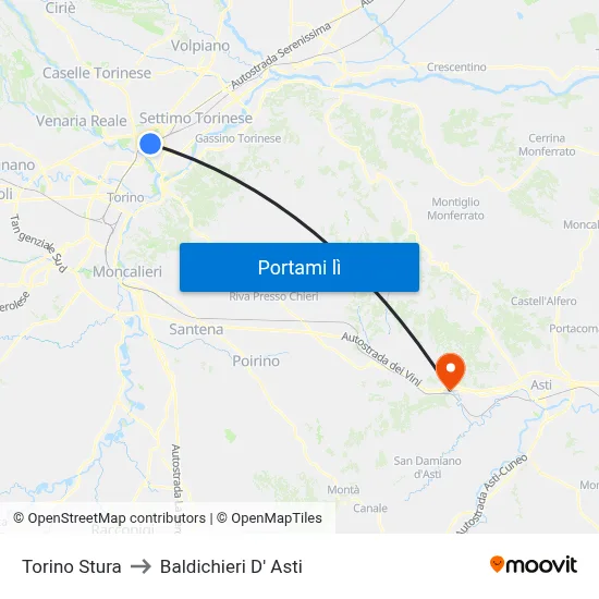 Torino Stura to Baldichieri D' Asti map